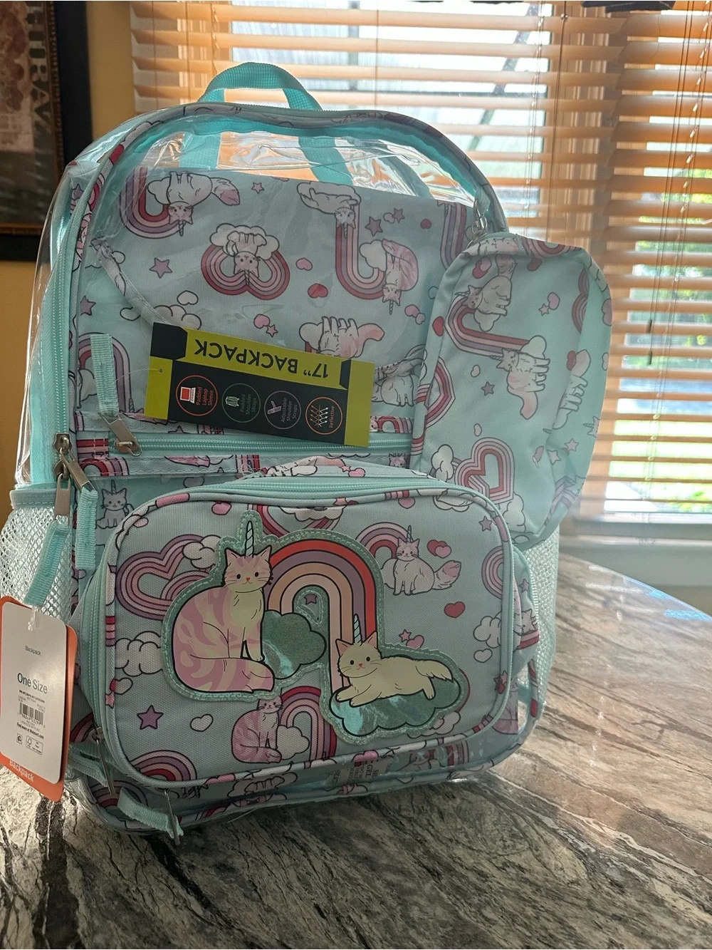 wonder nation Mint Unicorn Cat Backpack with Rainbow Accents
